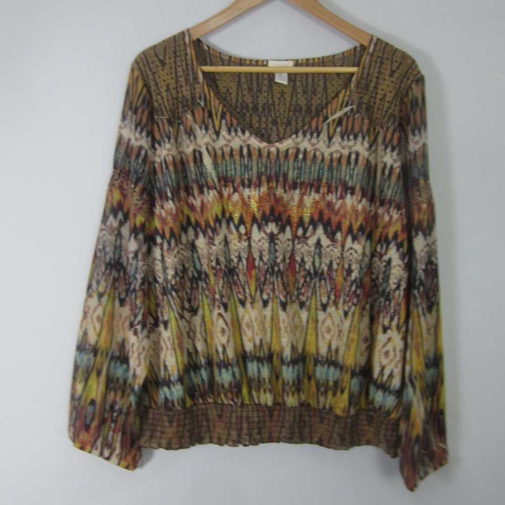 Chicos 2 Womens L Tribal Print LS Beaded V Neck Shirt Blouse Tunic Multicolor